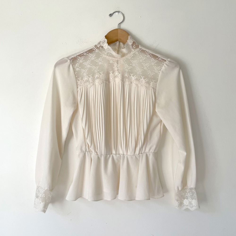 Sheer Ivory Lace Pleated Peplum Blouse Cream Victorian Academia Romantic Vintage
